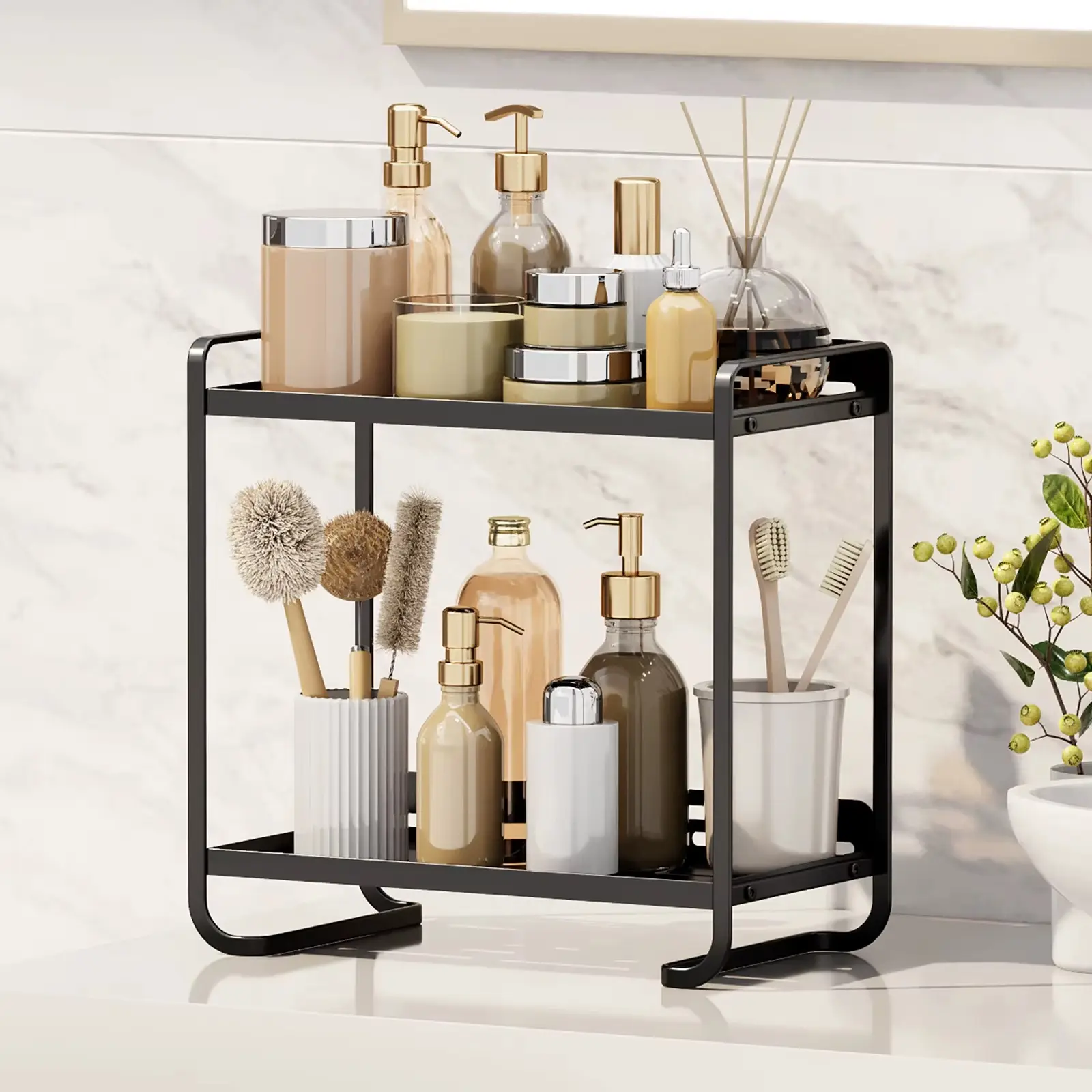 Compact two-tier metal countertop storage shelf
